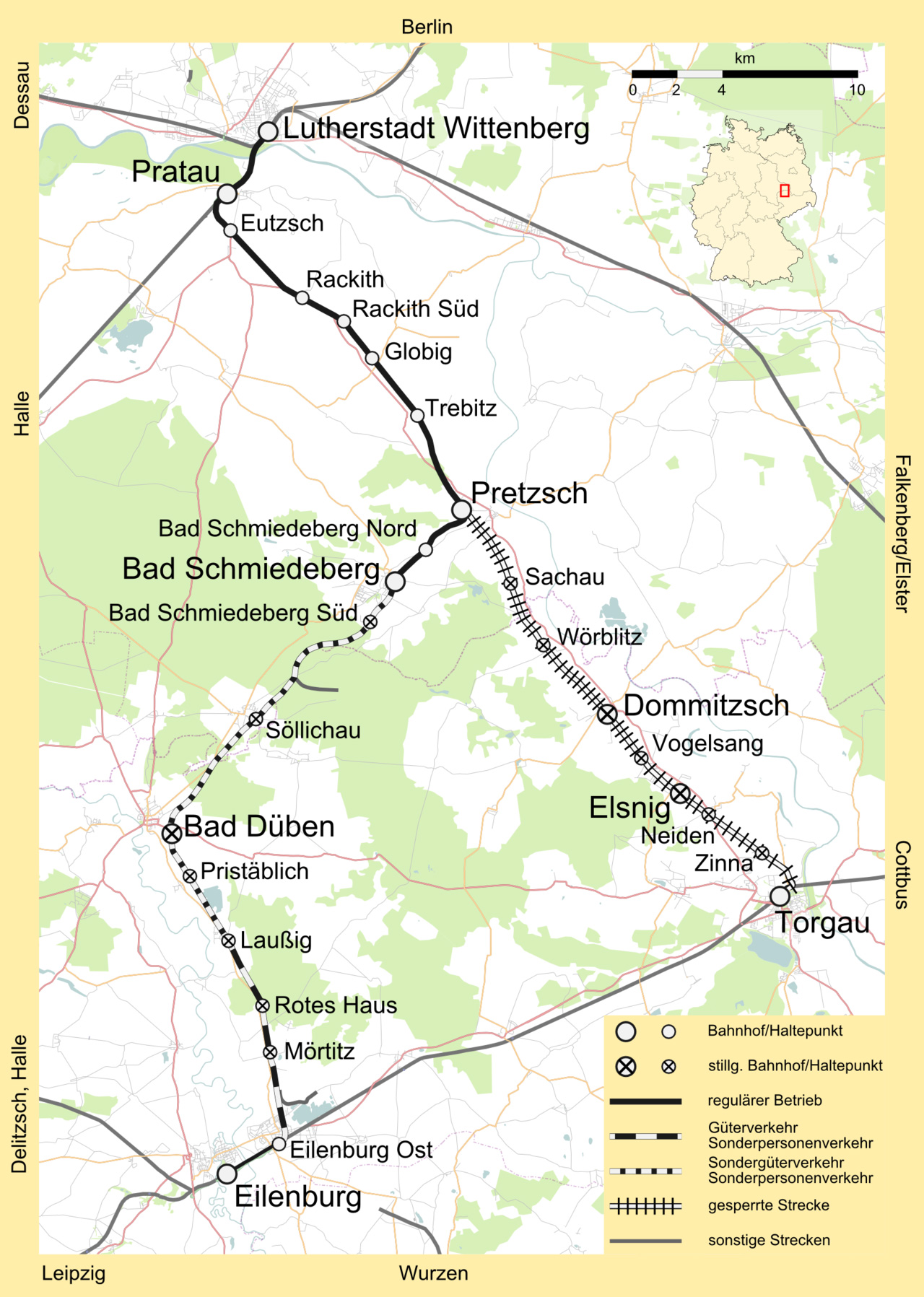 Karte der Bahnstrecken Pratau–Torgau und Pretzsch–Eilenburg